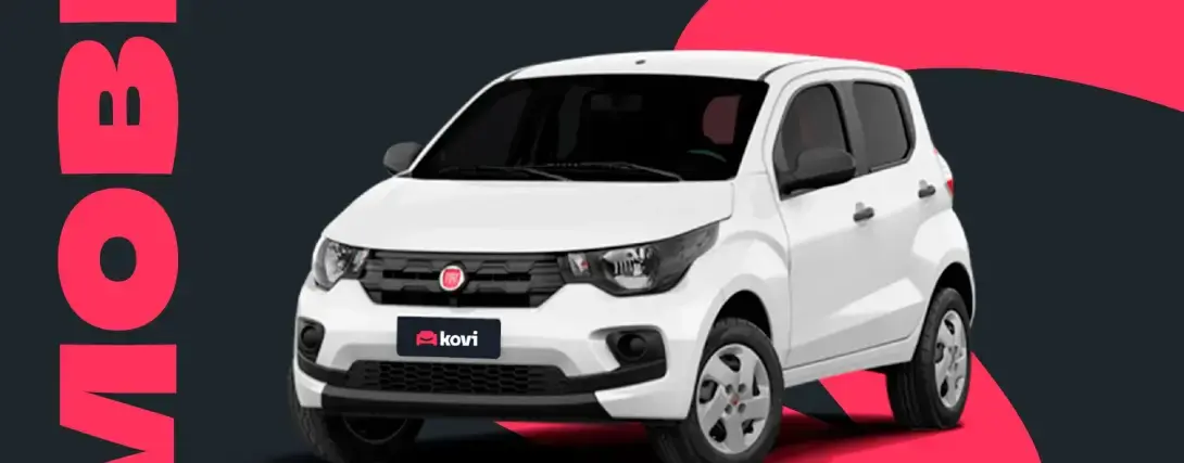 Fiat Mobi branco em fundo preto com a escrita 'MOBI' e linha ondulada rosa